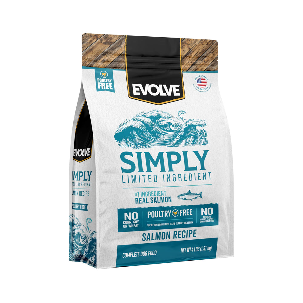 Evolve Simply Salmon dry dog food bag front—poultry-free formula with real salmon as #1 ingredient.