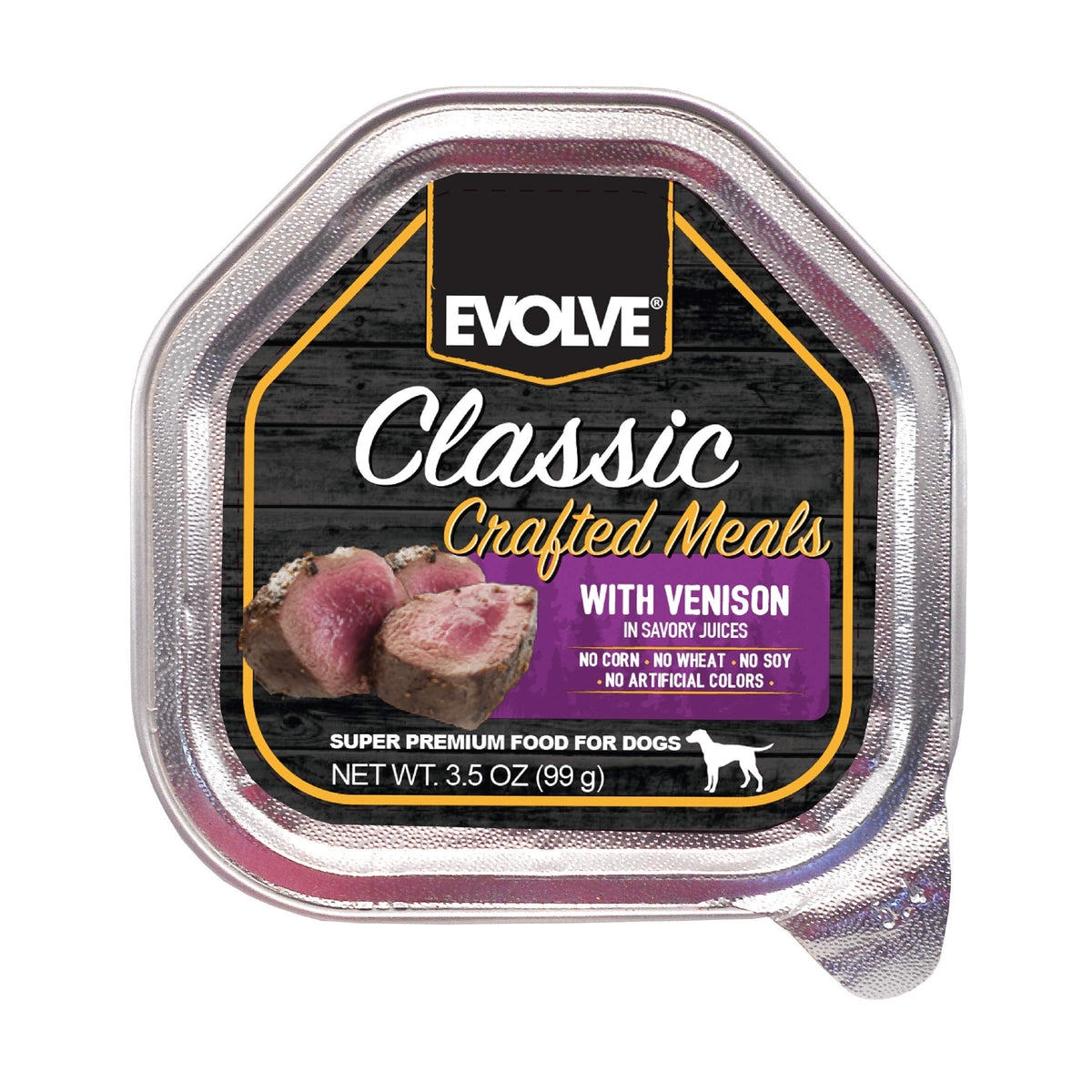 Evolve Venison Recipe dog food can—premium venison in savory sauce for dogs