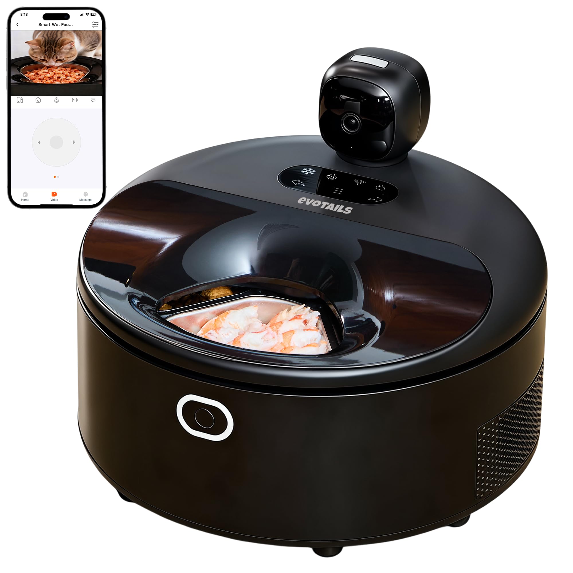 EVOTAILS wet food feeder with camera monitors meals in real time.