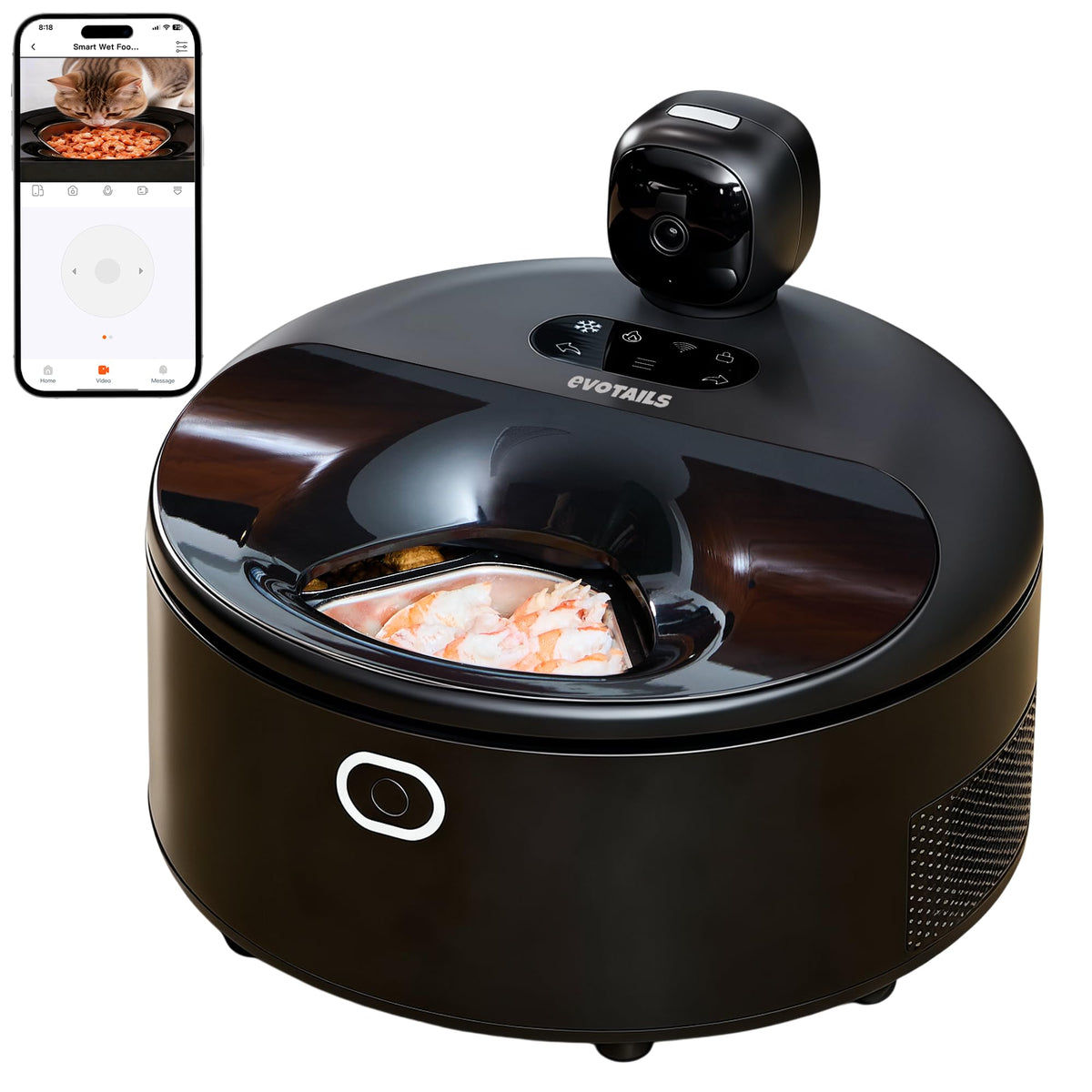 EVOTAILS wet food feeder with camera monitors meals in real time.