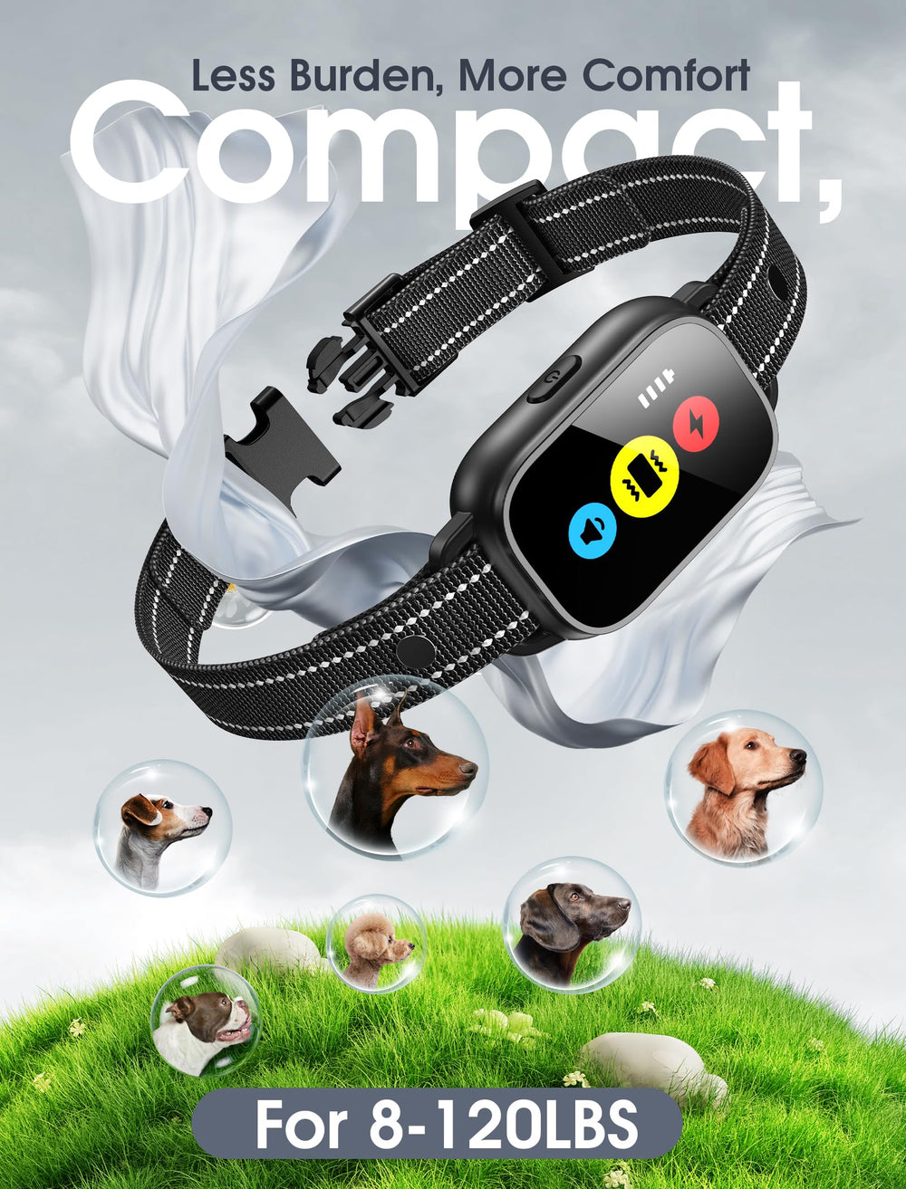 Evuime adjustable strap fits dogs 8-120 pounds.