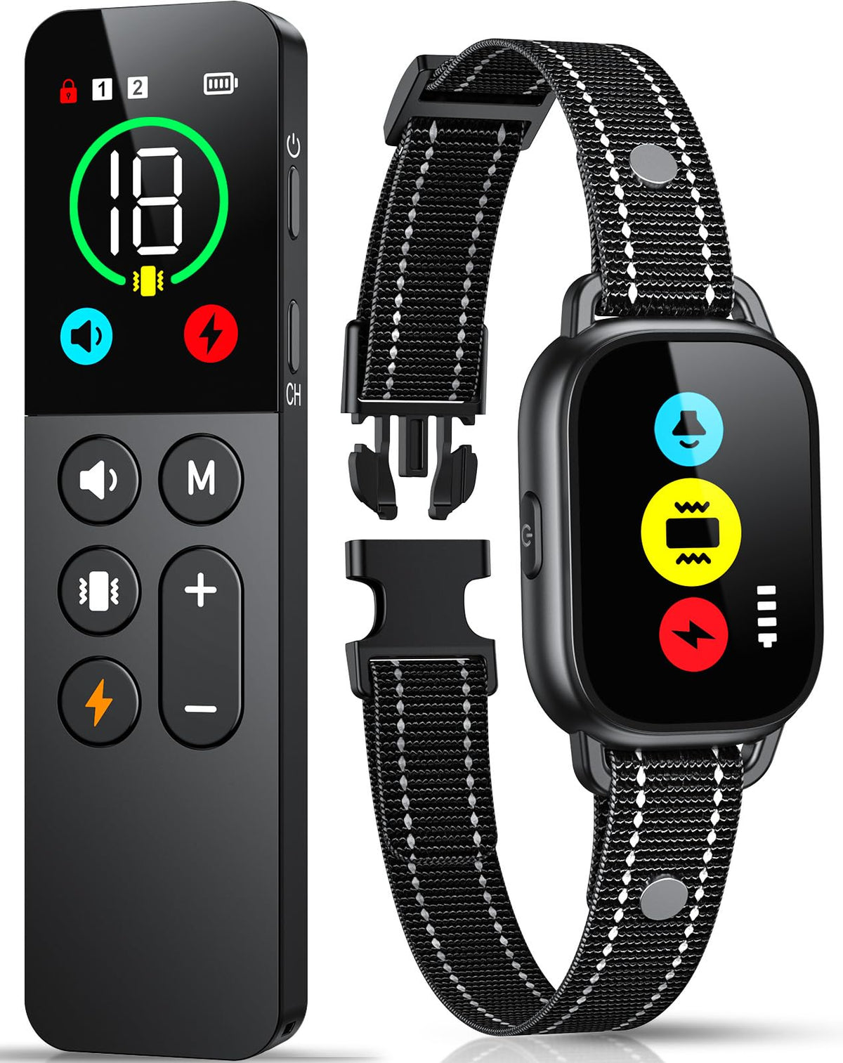 Evuime dog training collar remote icons illuminate for clear training feedback.