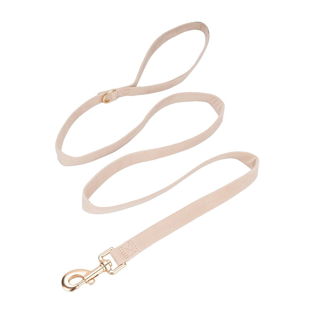 Ewinoom beige corduroy collar and leash set packaging for gifting or storage.