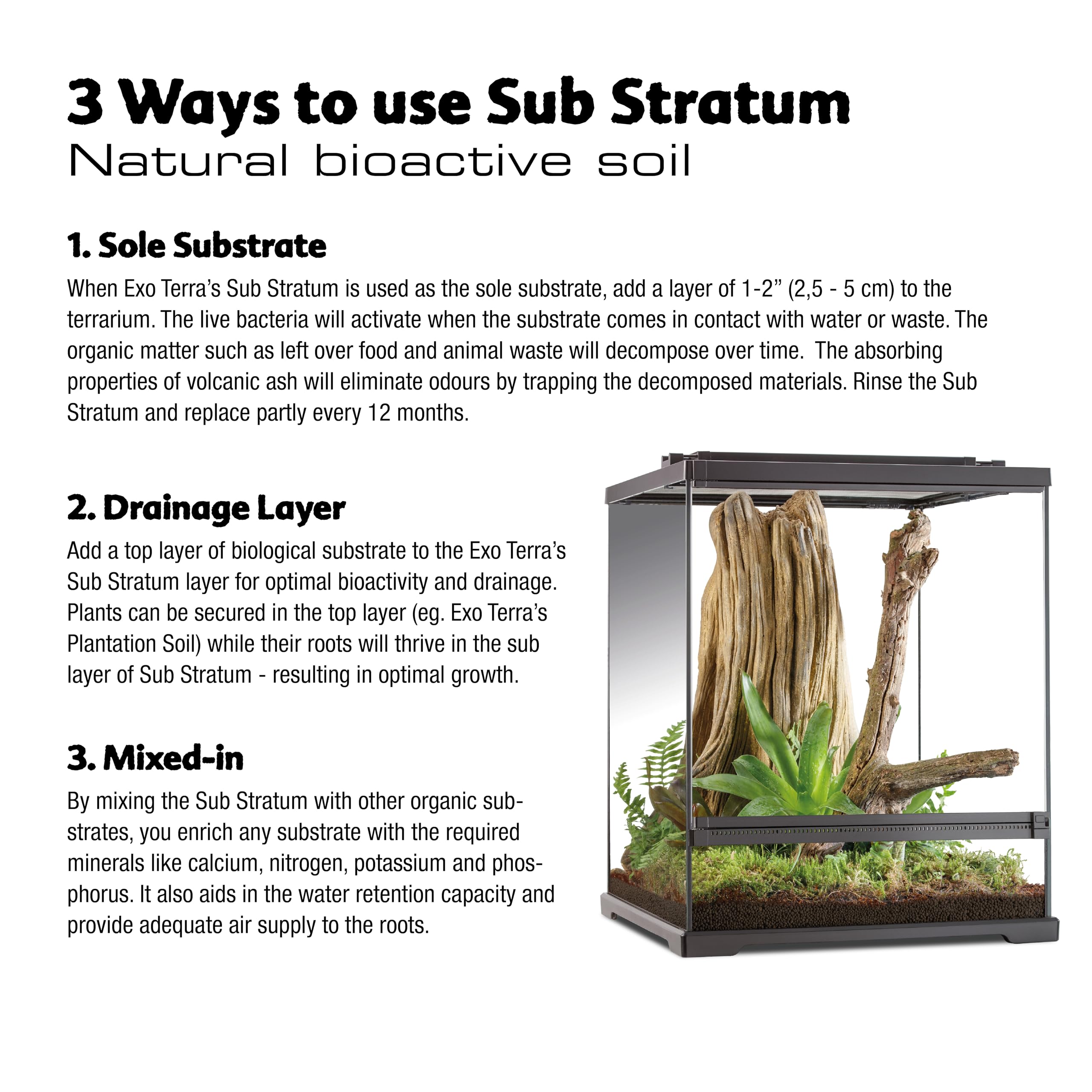 Exo Terra Sub Stratum odor-control helps keep the habitat fresh.