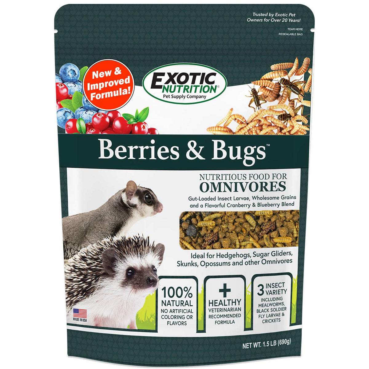 Exotic Nutrition Berries & Bugs bag front, ready-to-serve insectivore diet for small mammals.