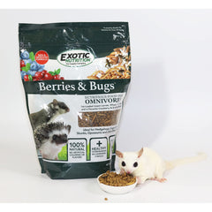 Close-up of ingredients: gut-loaded larvae, grains, and berries fueling natural foraging.