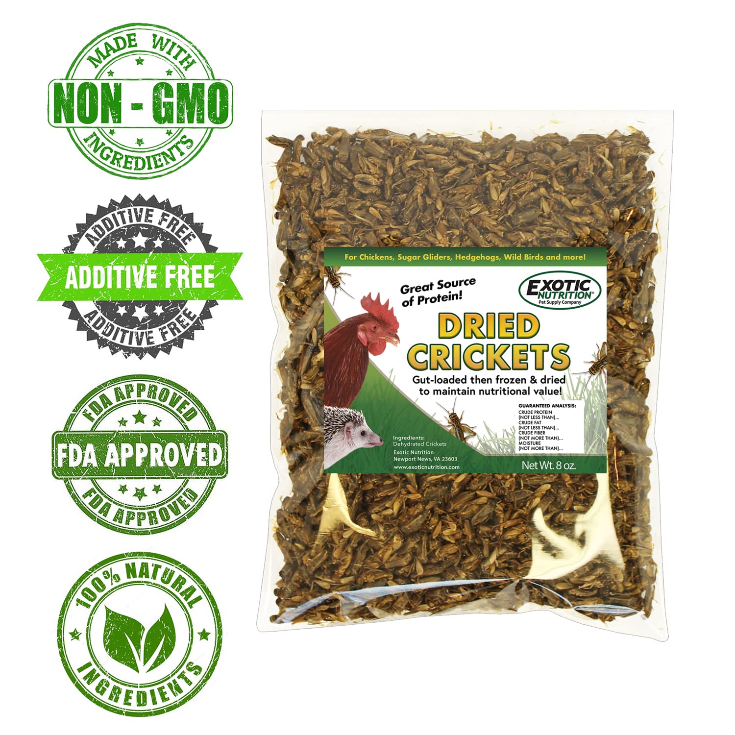Exotic Nutrition chickens feeding crickets at a yard feeder.