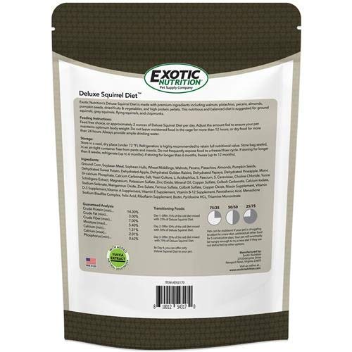 Exotic Nutrition feeding instructions image with daily portion suggestions and water reminder