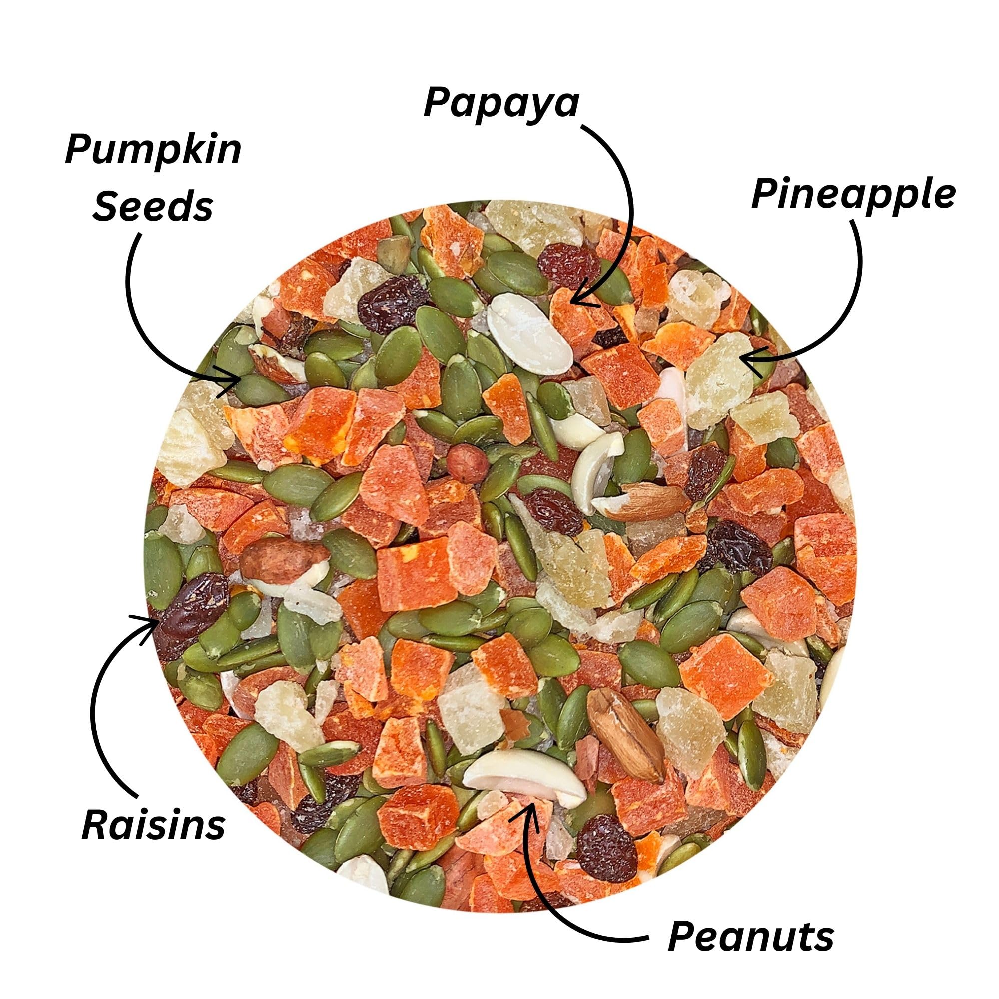 Exotic Nutrition Fruit & Nut Mix close-up highlights dried fruits and seeds for snacking.