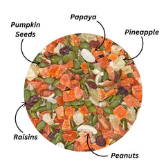 Exotic Nutrition Fruit & Nut Mix close-up highlights dried fruits and seeds for snacking.