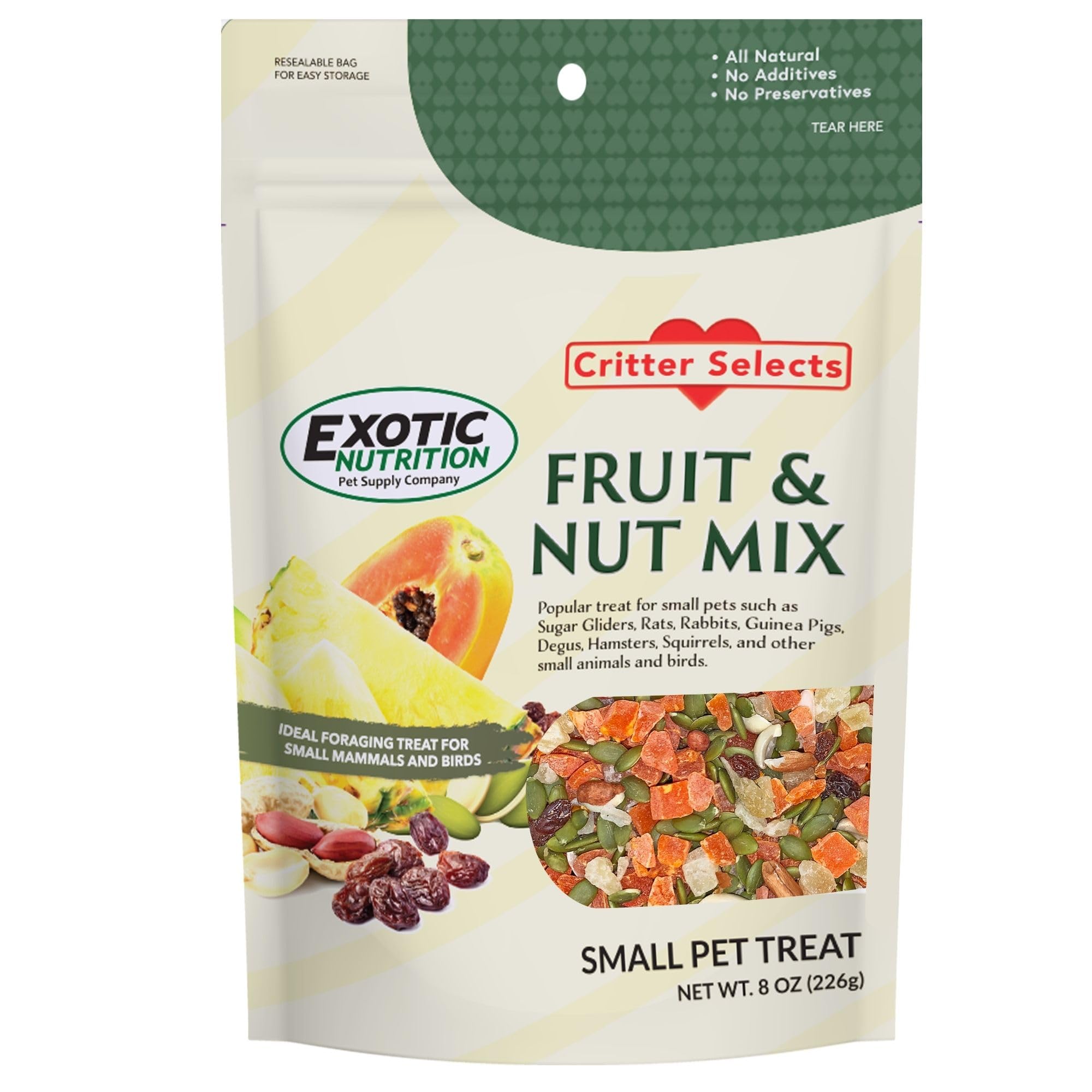 Exotic Nutrition Fruit & Nut Mix package shows a tasty variety for small-pet treats and enrichment.