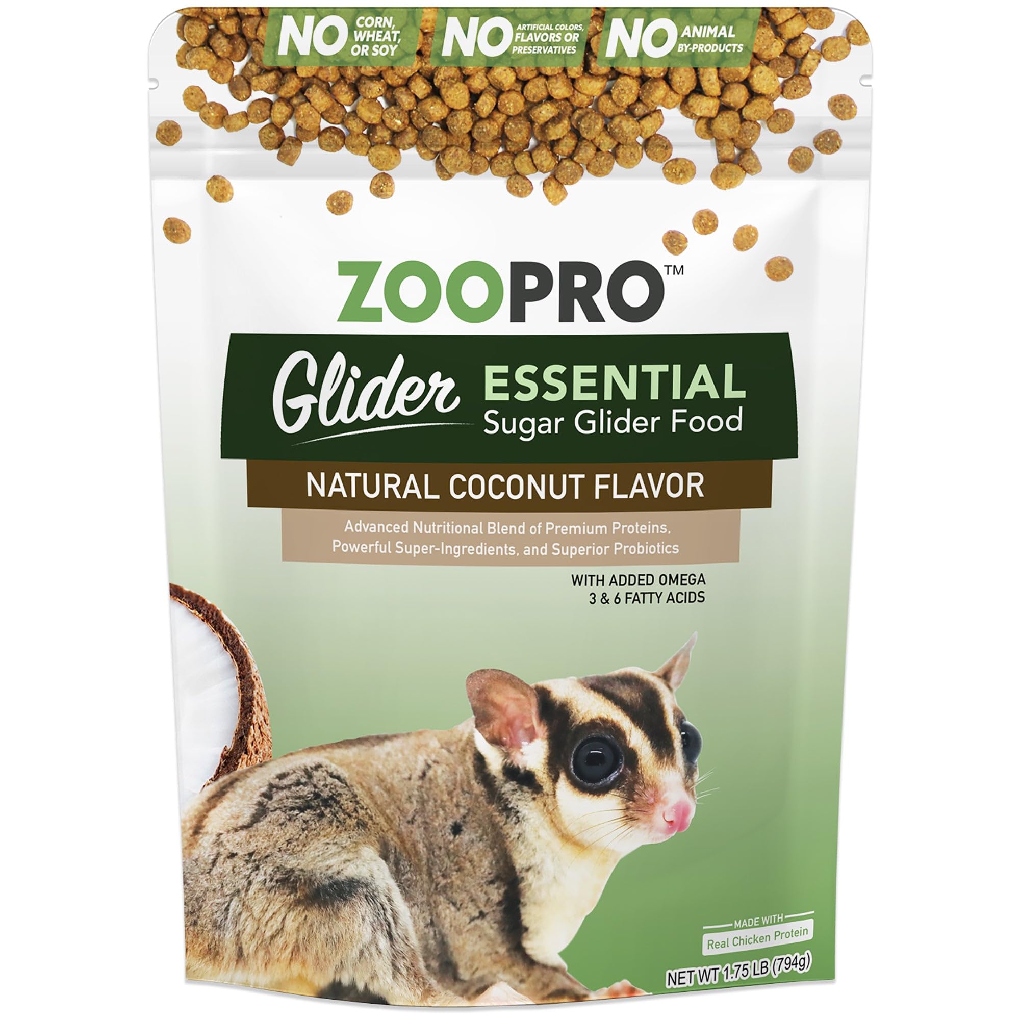 Exotic Nutrition Glider Essential coconut-flavor bag shows balanced nutrition for sugar gliders