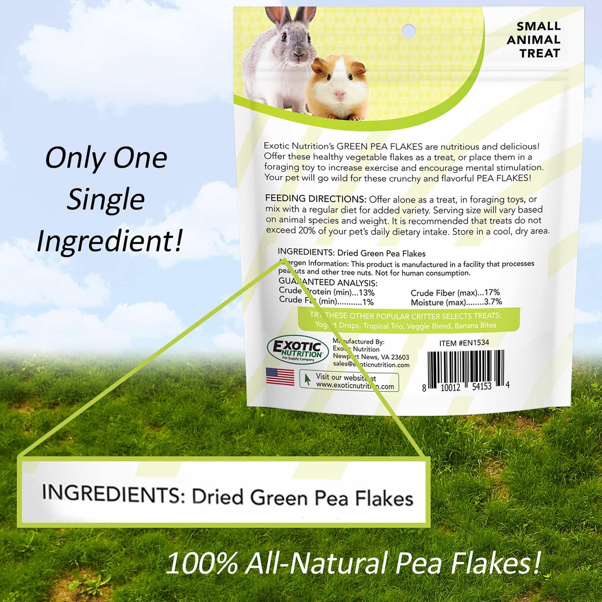 Exotic Nutrition Green Pea Flakes in a pet bowl, ideal as a training reward.