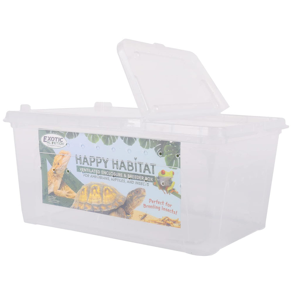 Exotic Nutrition Happy Habitat lid open showing easy access for feeding.
