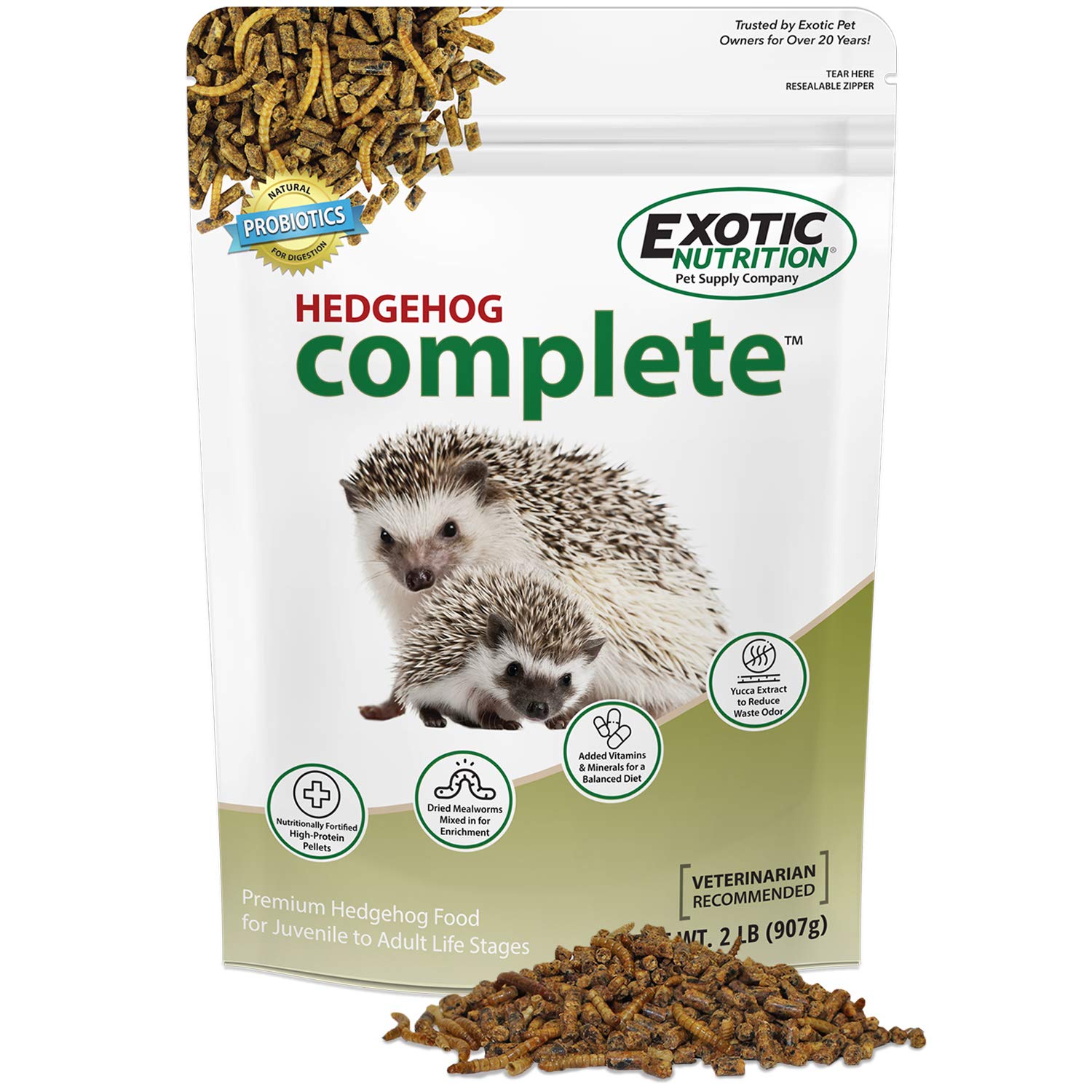 Exotic Nutrition Hedgehog Complete pellets in a 2 lb bag for balanced hedgehog nutrition