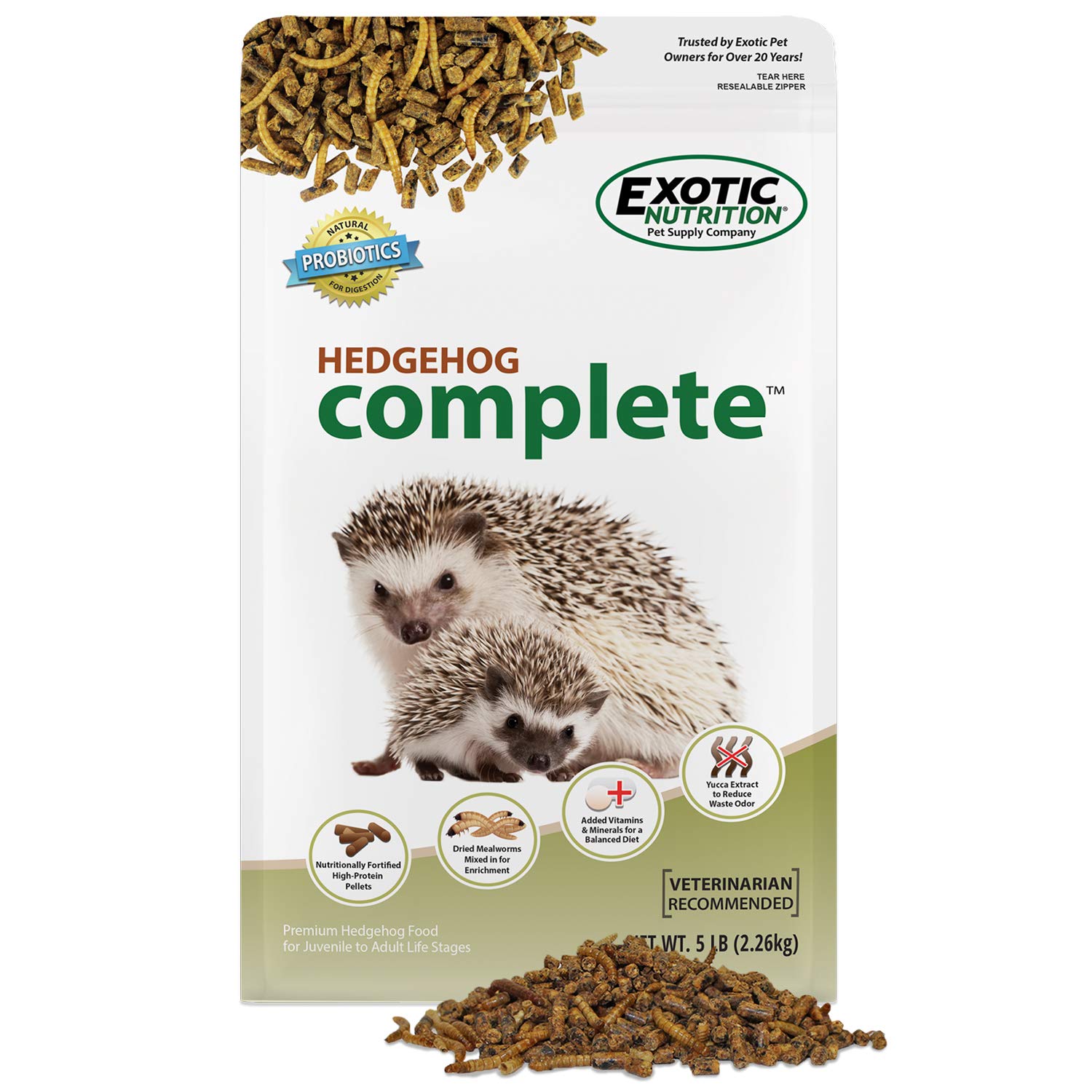 Exotic Nutrition Hedgehog Complete pellets with dried mealworms in bag for balanced nutrition.