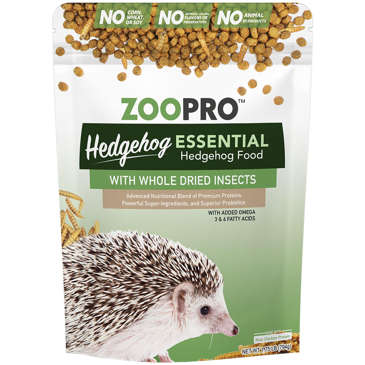 Exotic Nutrition Hedgehog Essential chicken kibble bag closeup showing high quality ingredients