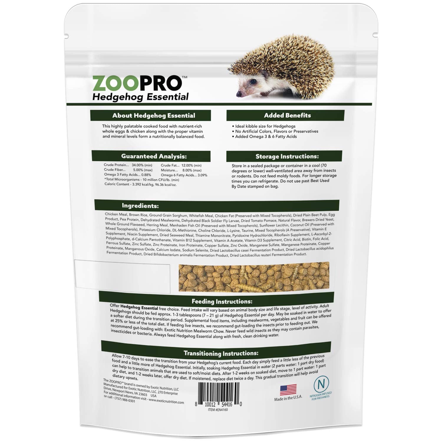Exotic Nutrition Hedgehog Essential kibble with mealworms highlighting protein richness