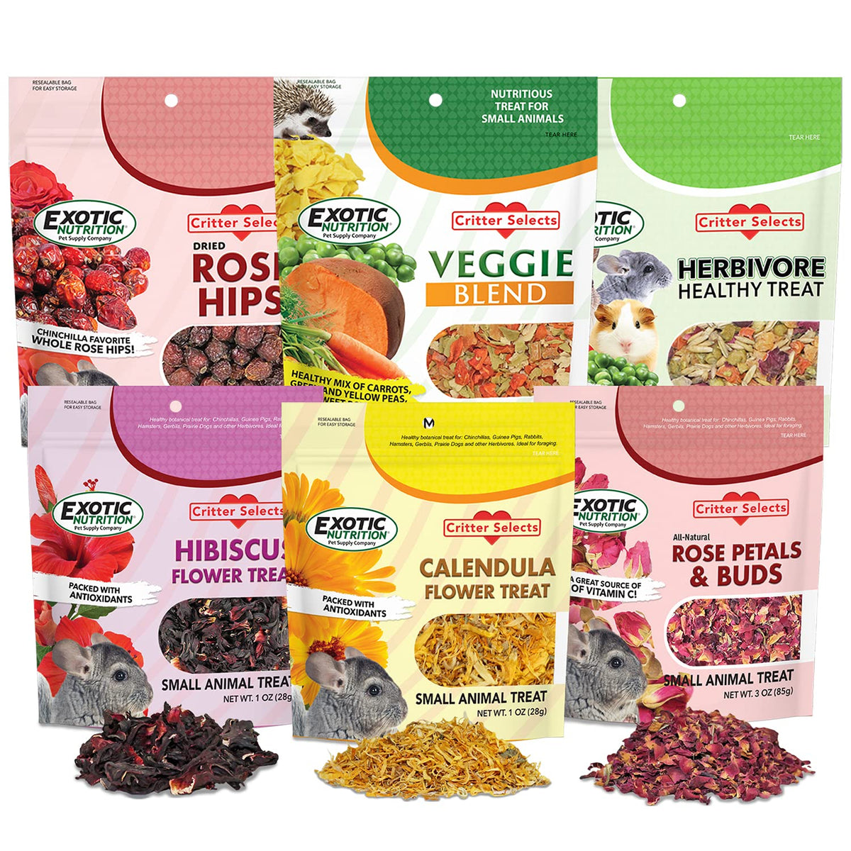 Exotic Nutrition herbivore treats variety pack on display for small pets' dining variety.