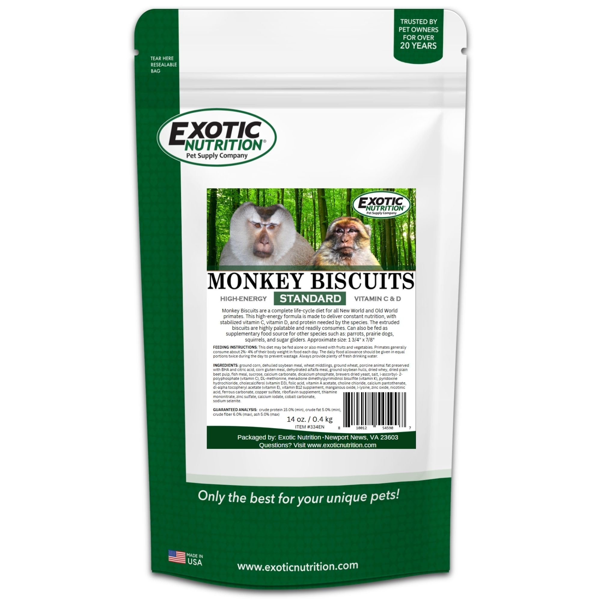 Exotic Nutrition guaranteed analysis lists protein, fat, and fiber.
