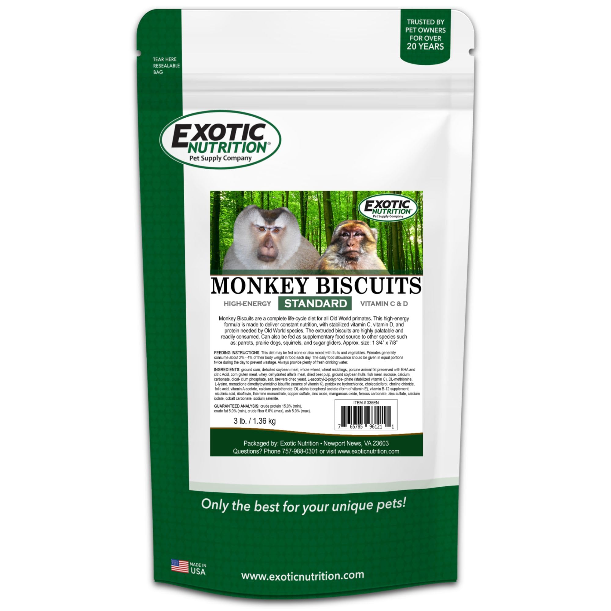 Exotic Nutrition Monkey Biscuits guaranteed analysis highlights protein and fat.