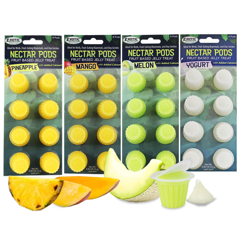 Exotic Nutrition Nectar Pods variety 4-pack front label calcium fortified treat.