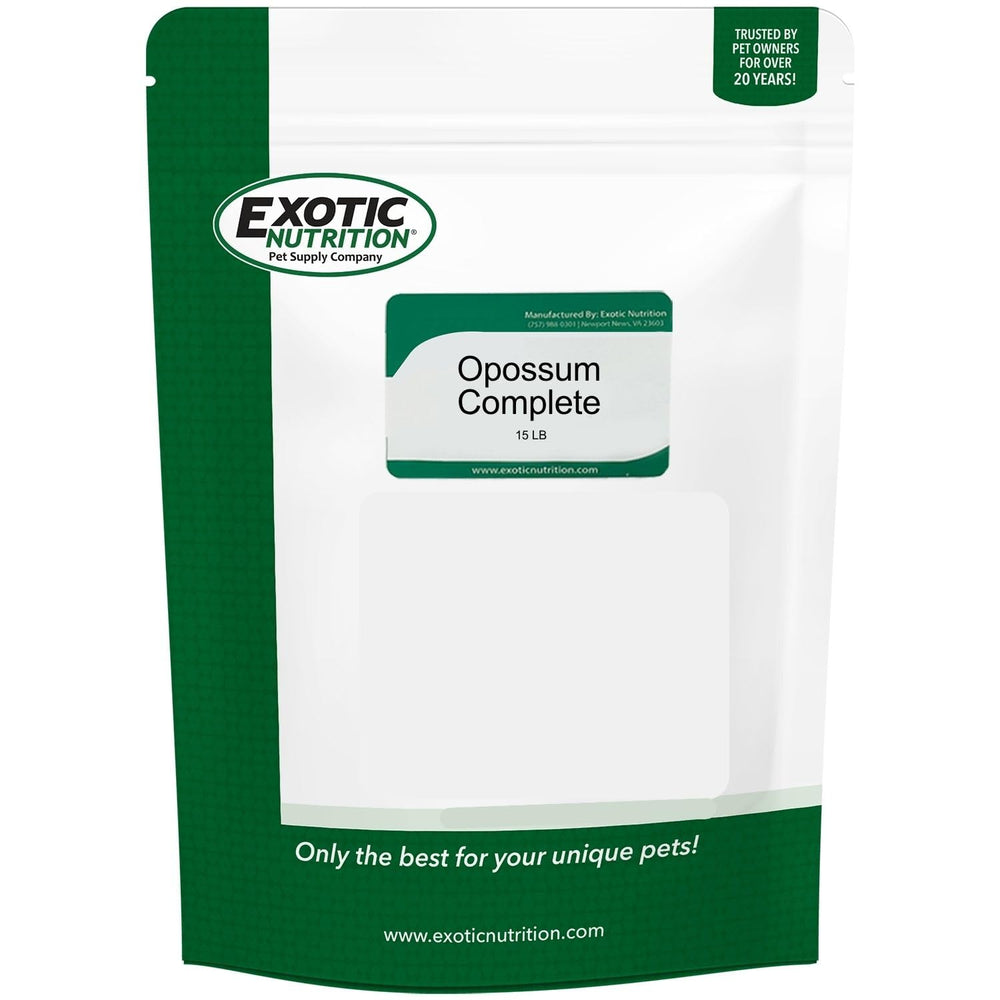 Exotic Nutrition Opossum Complete bag displays a complete pellet diet for opossums.