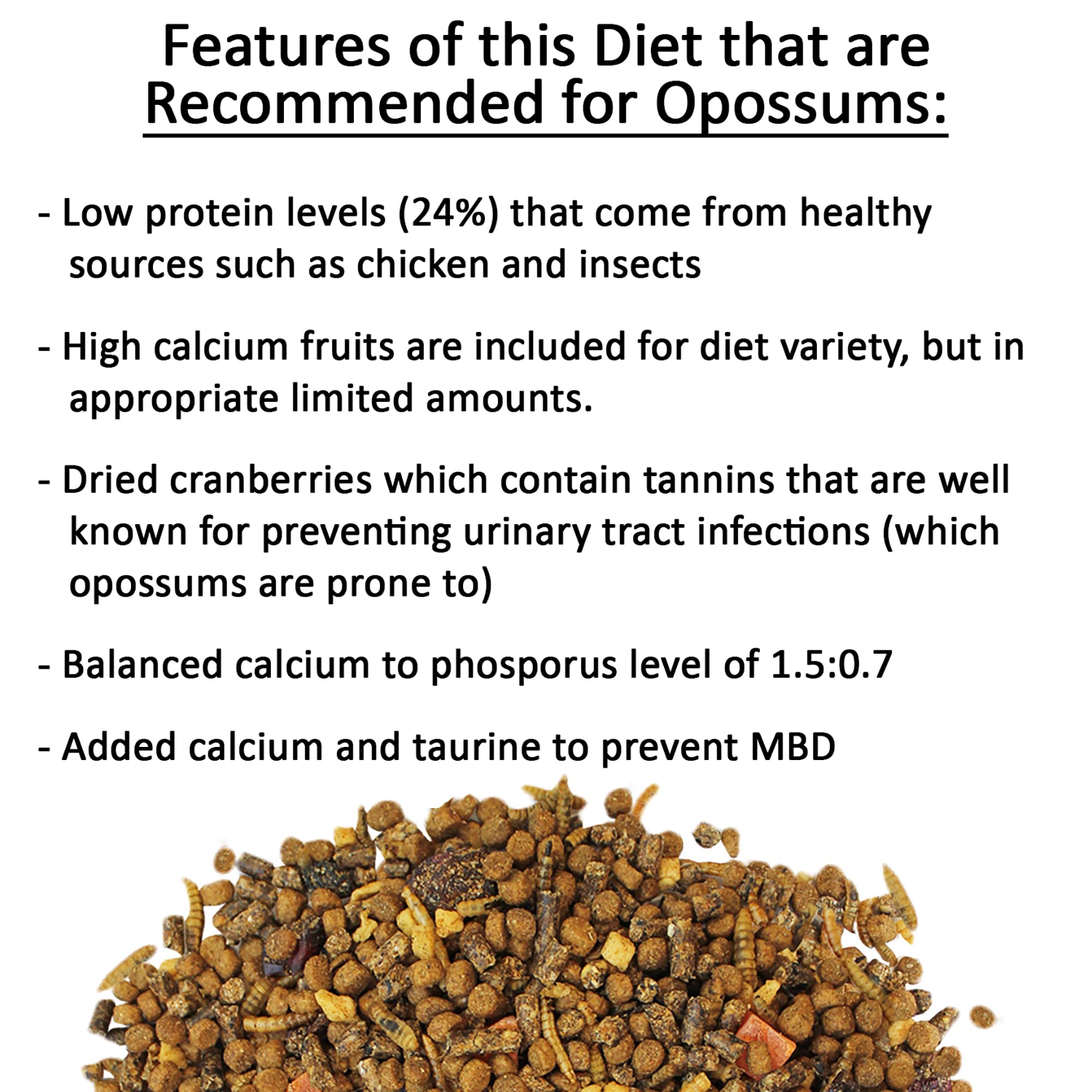 Exotic Nutrition Opossum Complete ingredient close-up showcases BSFL and fruit mix.