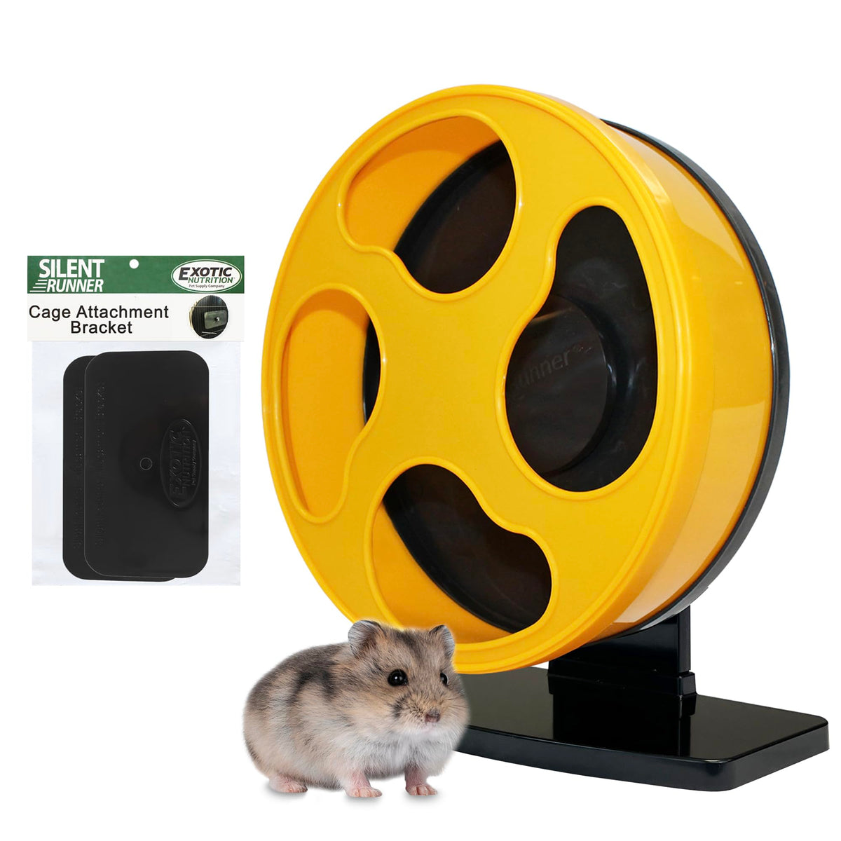 Exotic Nutrition Silent Runner Wheel 9in yellow side view showing whisper‑quiet operation.