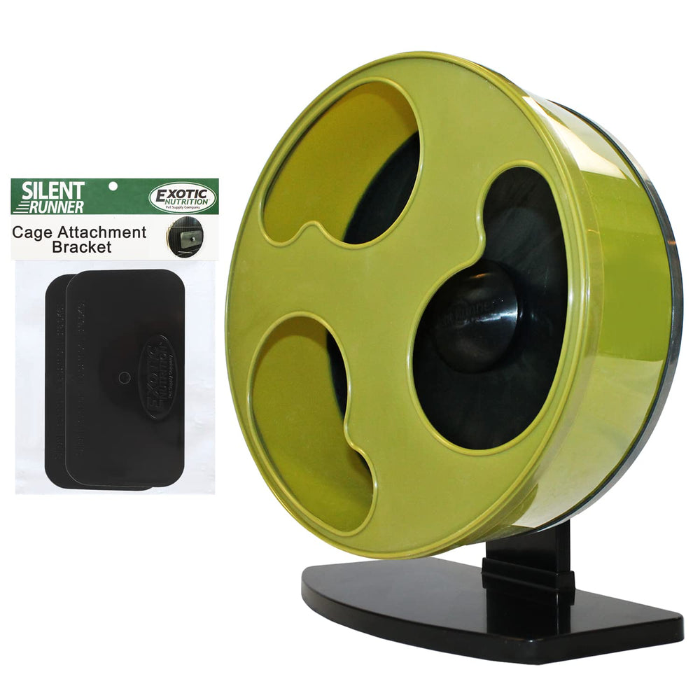 Exotic Nutrition Silent Runner wheel view highlighting safe, center-bar-free design for tiny pets.