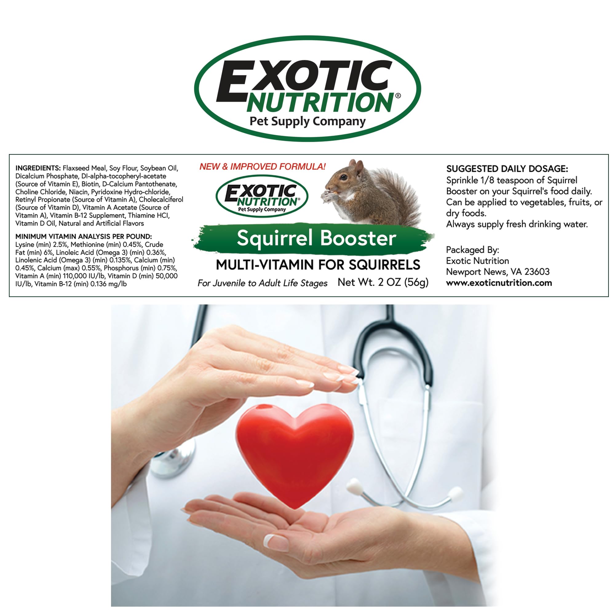 Exotic Nutrition Squirrel Booster ingredients panel highlighting probiotics and gut health.