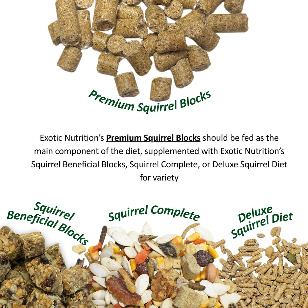 Exotic Nutrition Squirrel Complete bag back shows storage guidance for freshness.