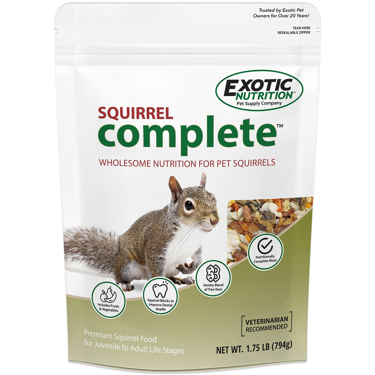 Exotic Nutrition Squirrel Complete bag front view showing fresh ingredients for a balanced diet
