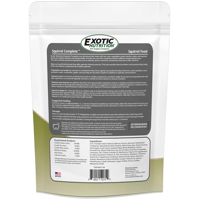Close-up of Exotic Nutrition Squirrel Complete ingredients highlighting natural flavors