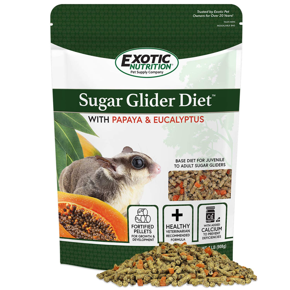 Exotic Nutrition Sugar Glider Diet with Papaya and Eucalyptus bag showing natural ingredients for balanced nutrition