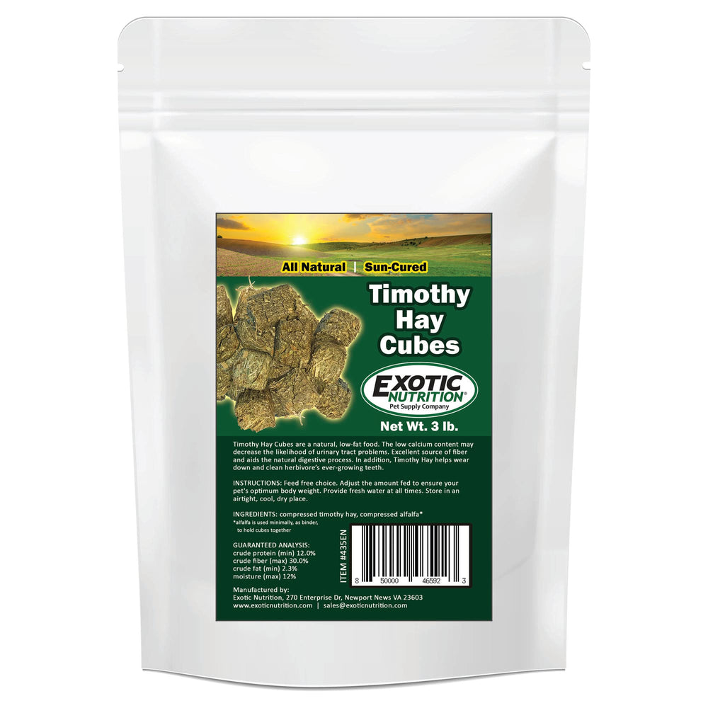 Exotic Nutrition Timothy Hay Cubes 3 lb packaging, fiber-rich chewing for small pets