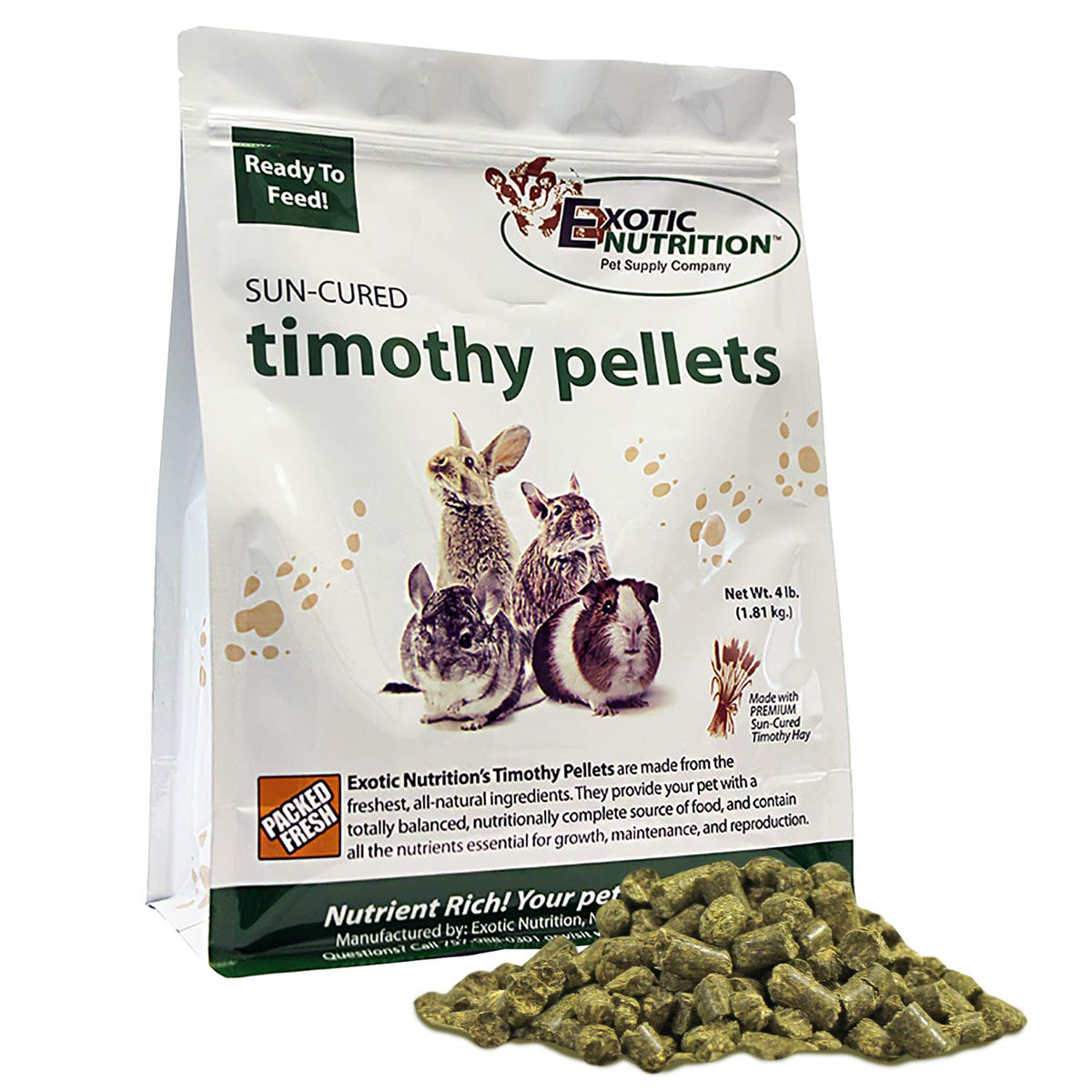 Exotic Nutrition Timothy Pellets bag front; fiber-rich rabbit diet for healthy digestion.
