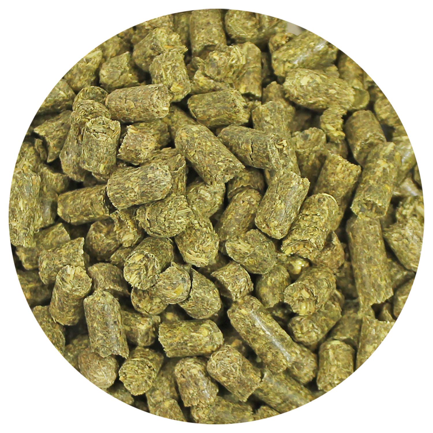 Close-up of Timothy Pellets texture emphasizes digestible fiber and natural ingredients.