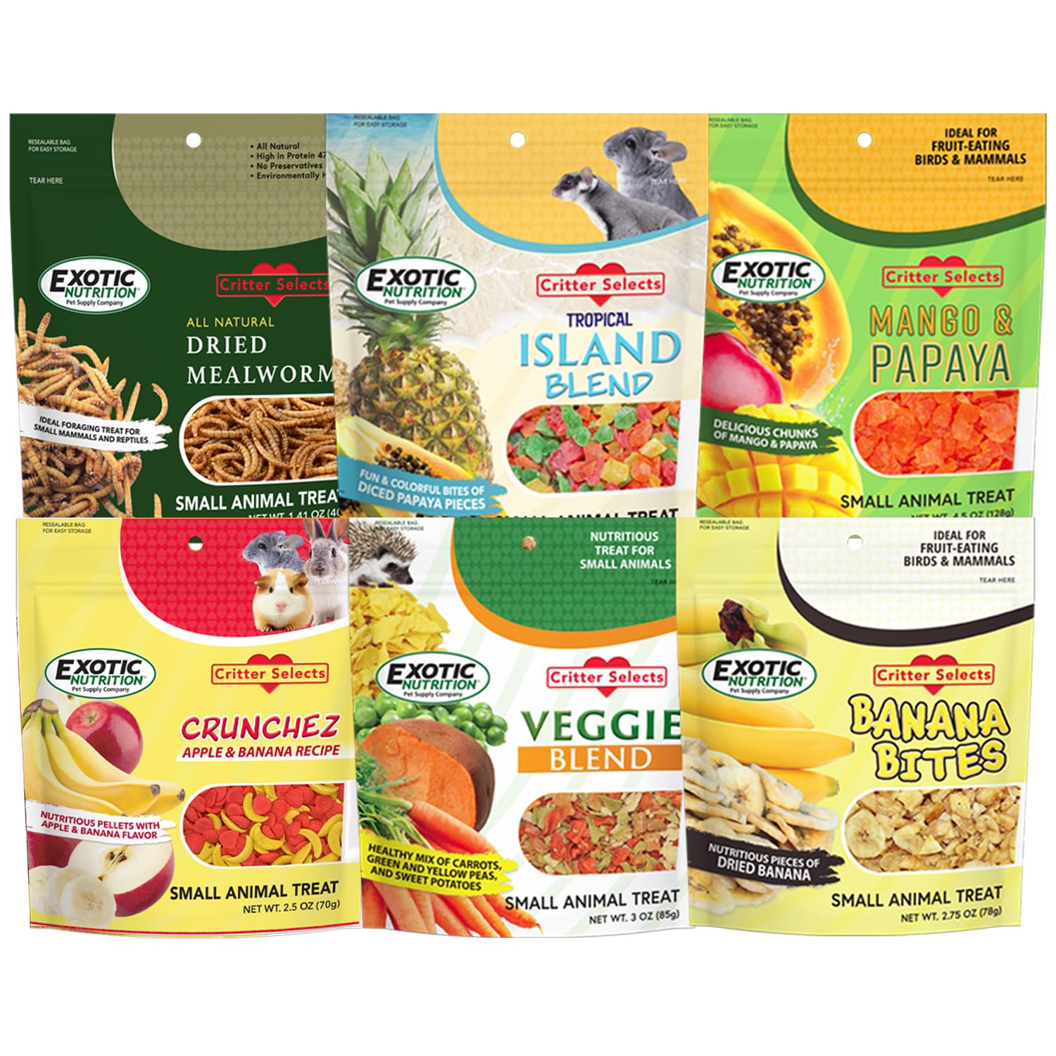 Exotic Nutrition Treat Assortment 6-pack display for daily enrichment.