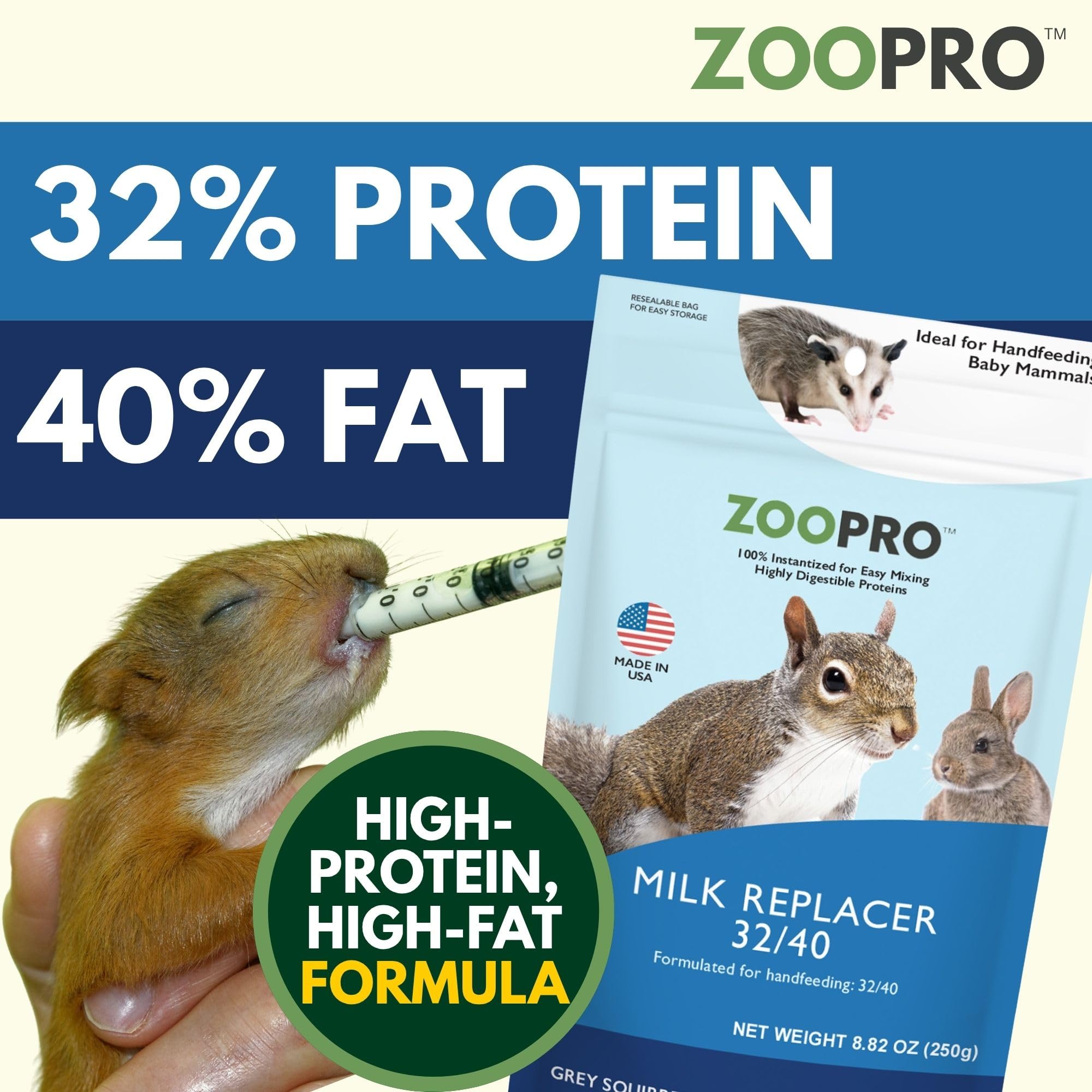ZooPro milk replacer bottle with precise pour for easy feeding of baby squirrels
