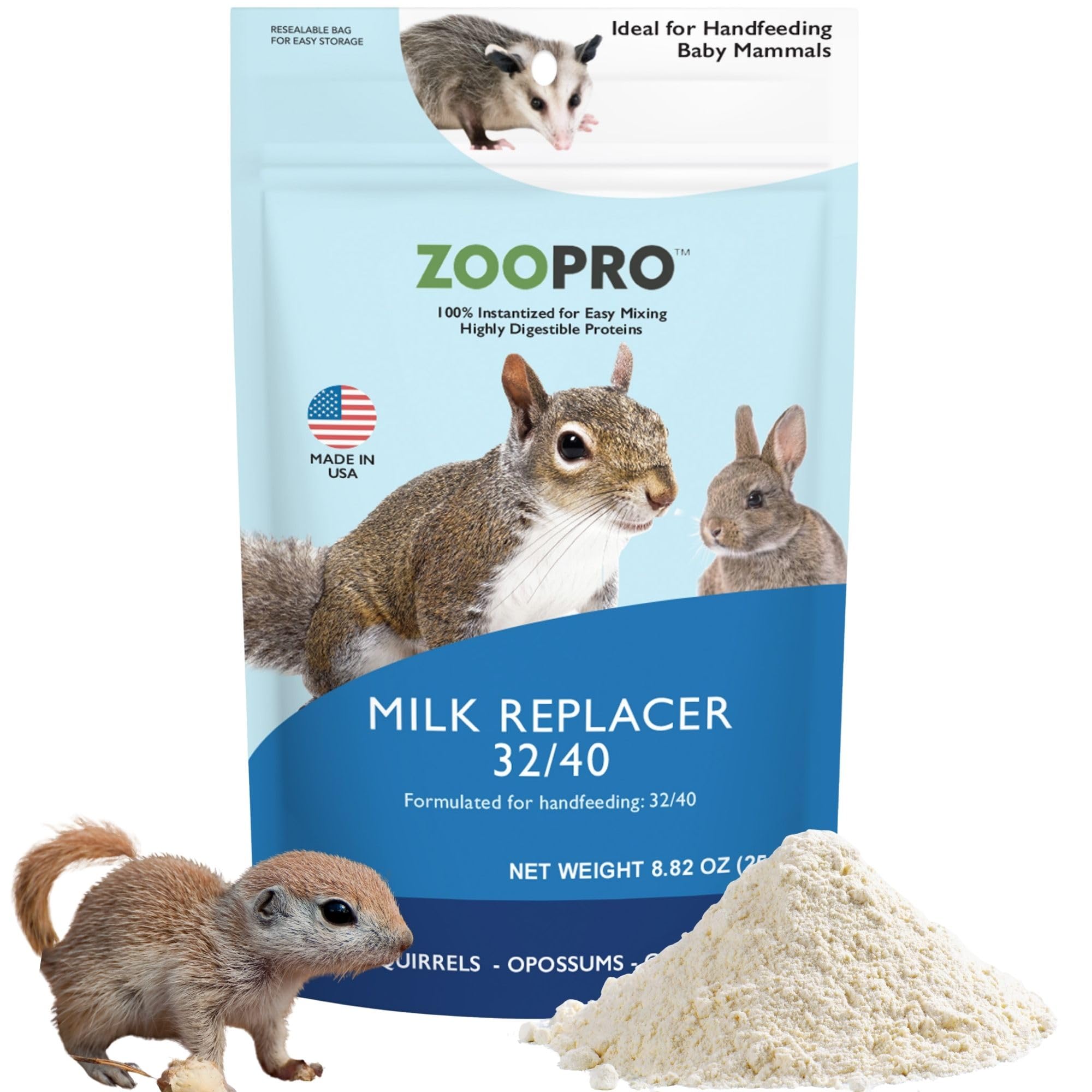 Exotic Nutrition ZooPro Milk Replacer package showing balanced protein and fats for young squirrels