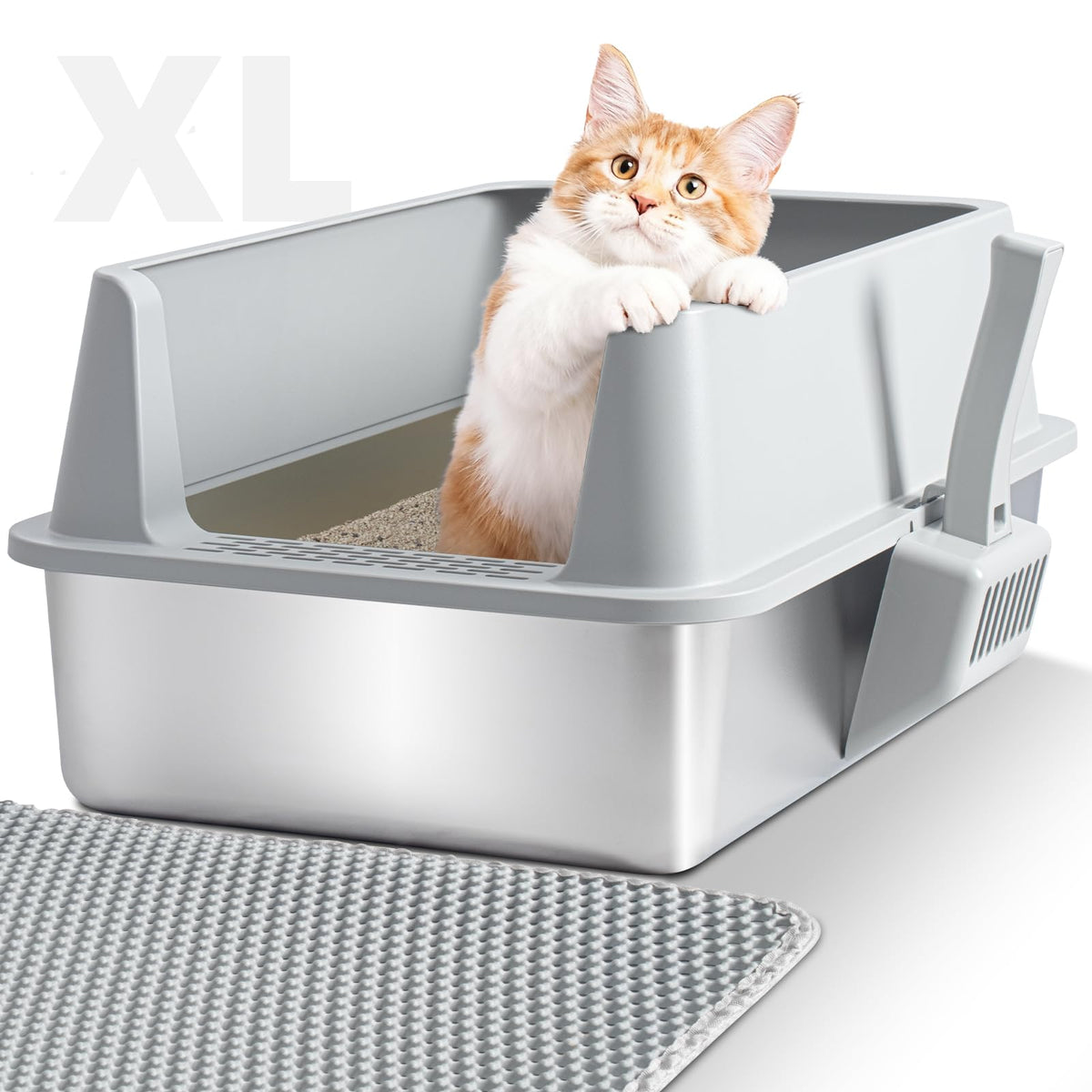 Exovyn stainless steel litter box with lid provides secure containment and odor control.