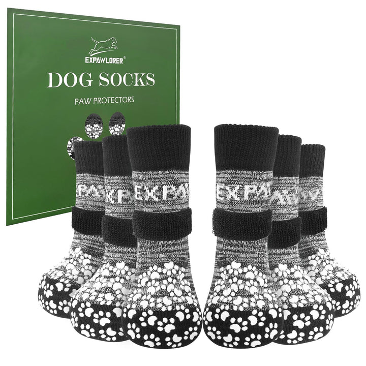 EXPAWLORER anti-slip dog socks pack showing grip for slippery floors.
