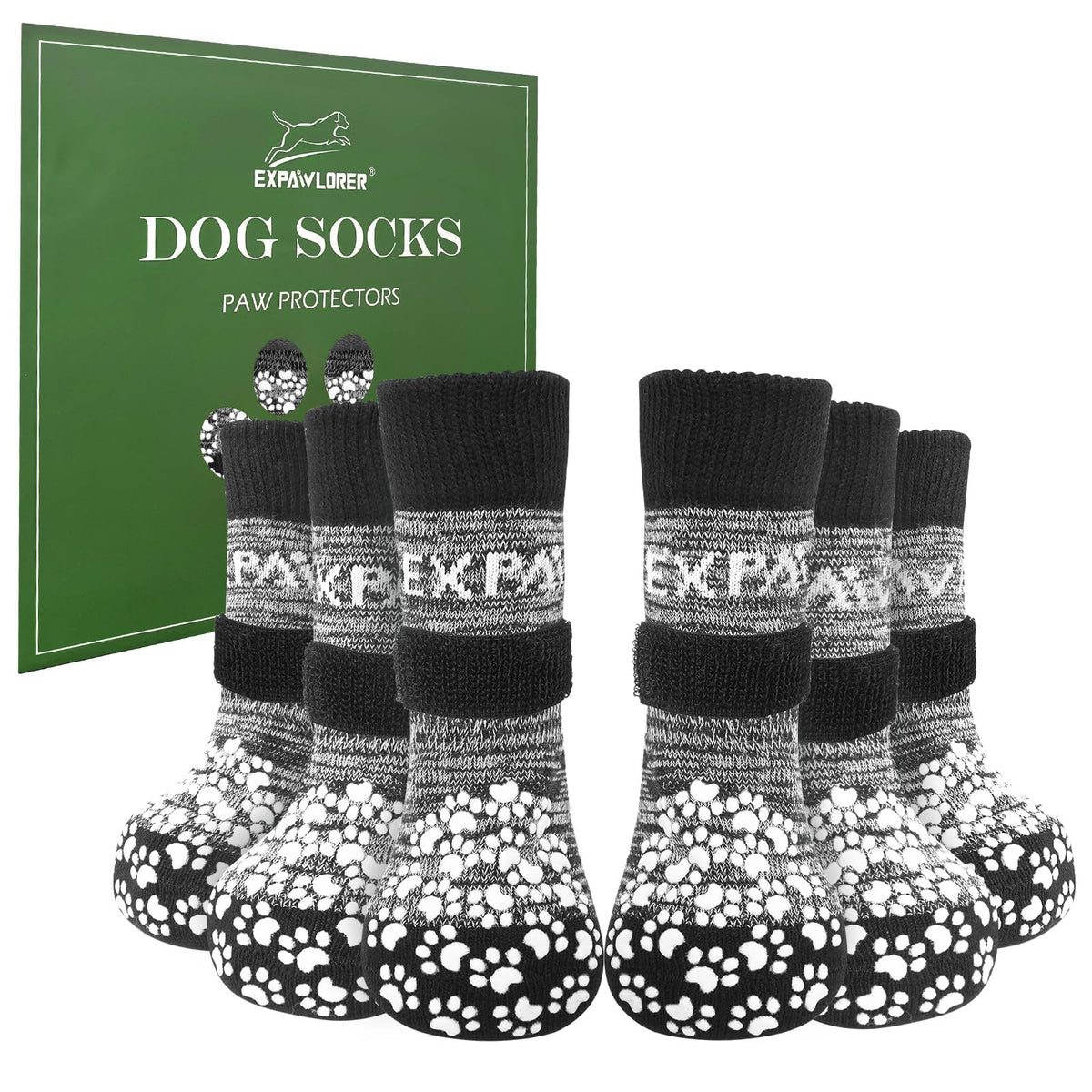 EXPAWLORER anti-slip dog socks pack showing grip for slippery floors.