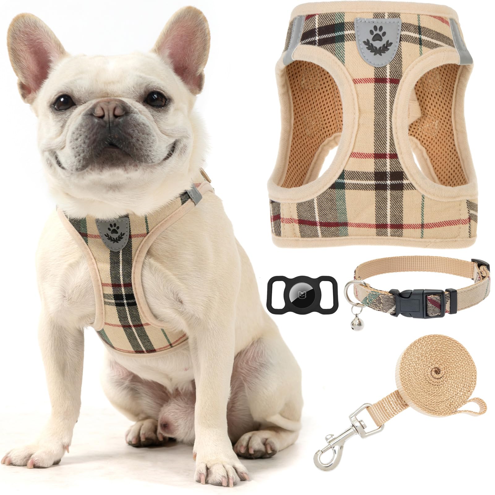 EXPAWLORER plaid dog harness kit with AirTag holder for secure daily walks.
