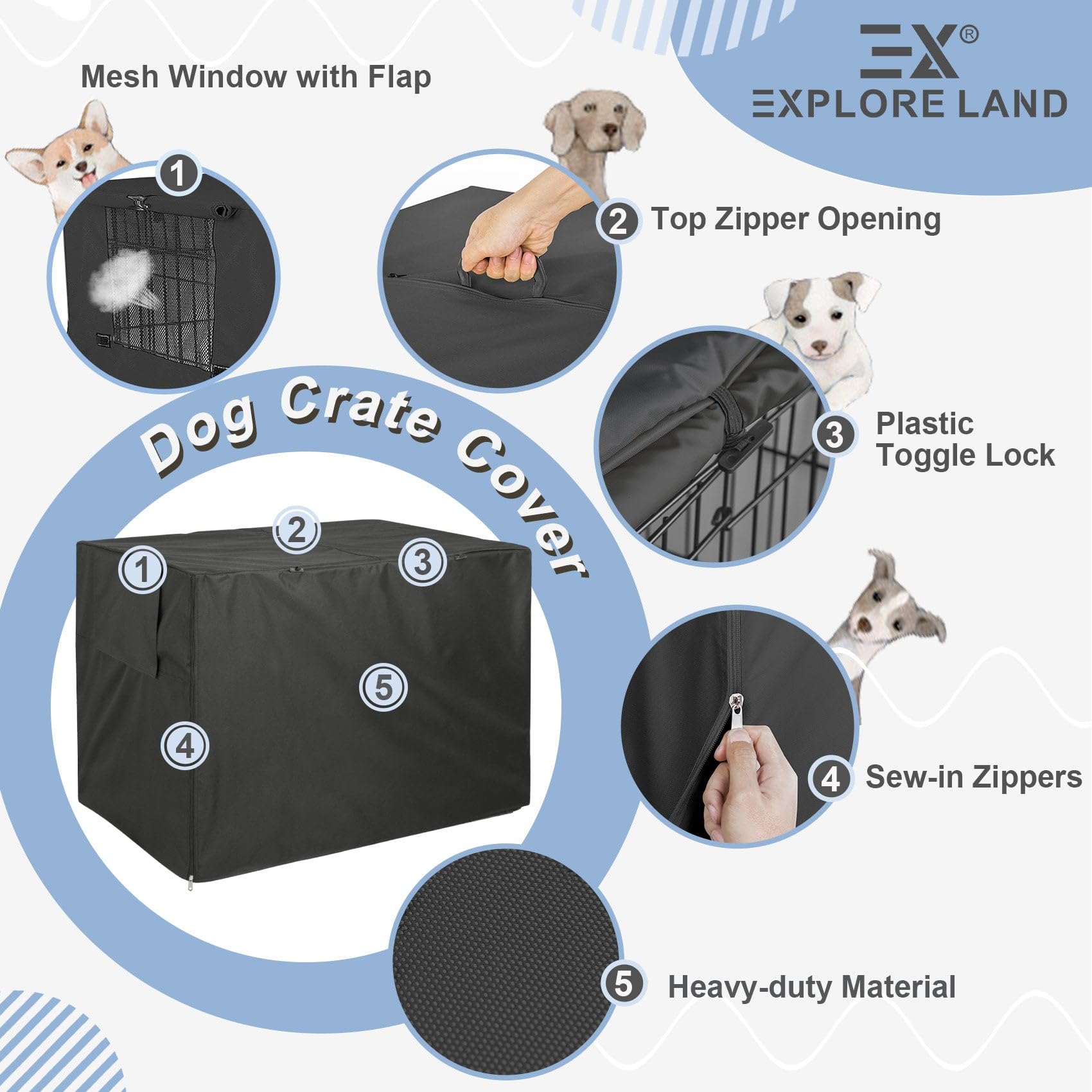 Explore Land dog crate cover with two breathable doors and mesh window for adjustable ventilation