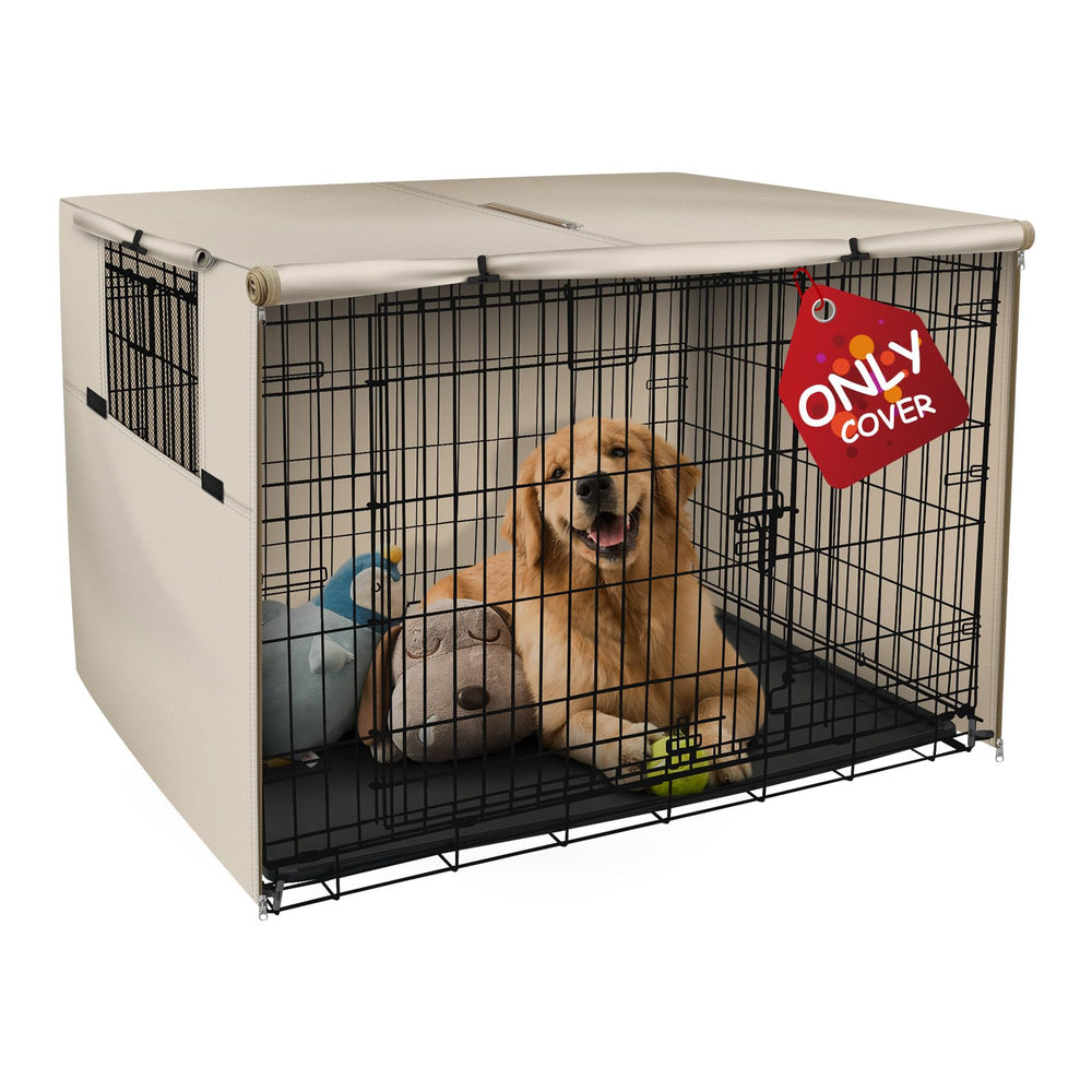 Explore Land crate cover in light tan, side view shows sun and wind protection.