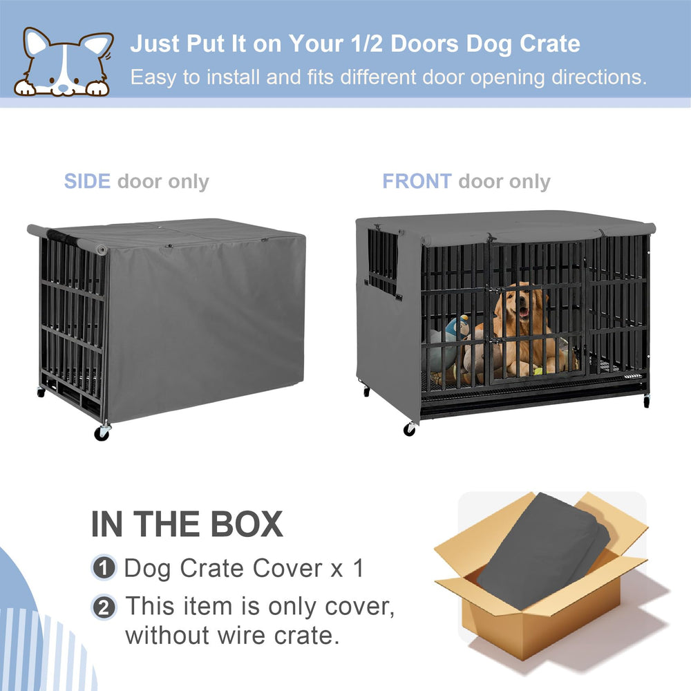 Explore Land dog crate cover side view emphasizing ventilation mesh and easy access