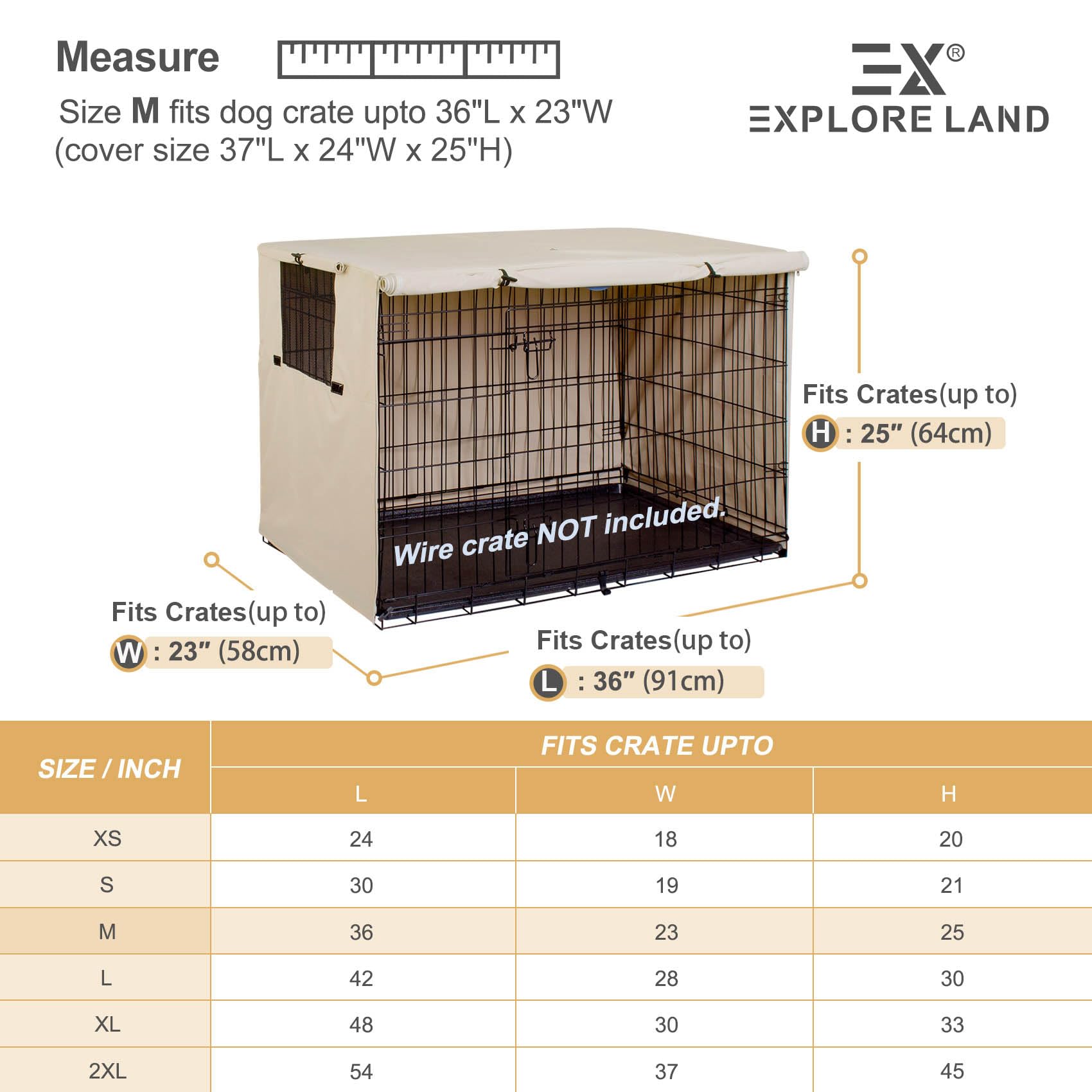 Explore Land universal 36-inch crate fit shown on a wire cage