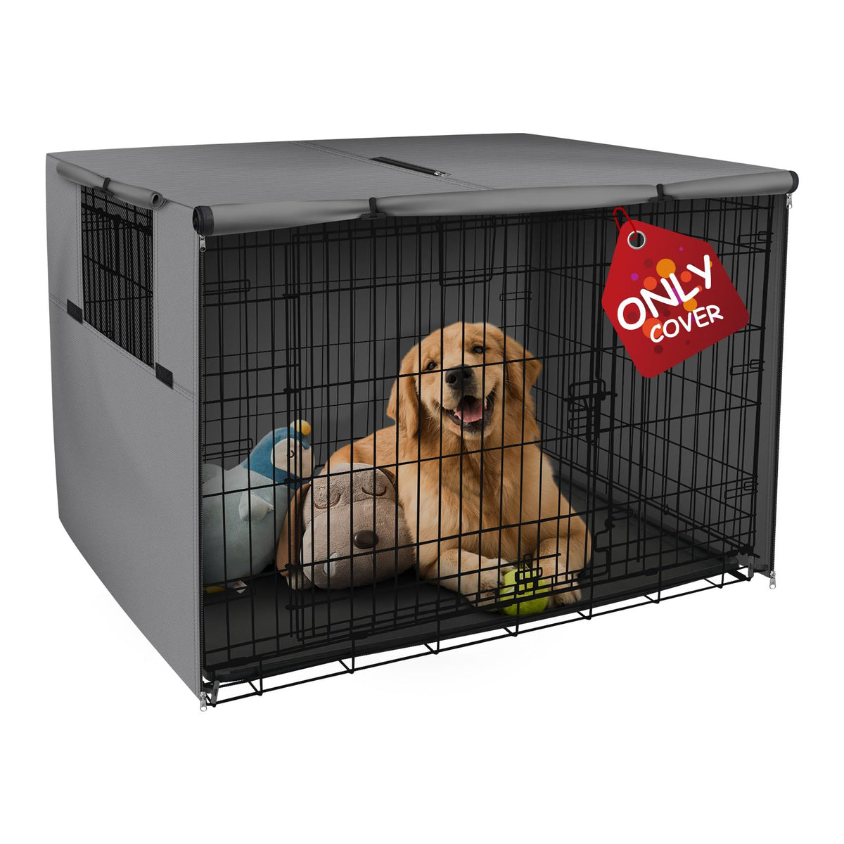 Explore Land dog crate cover wide-angle view shows universal 42-inch fit for crates